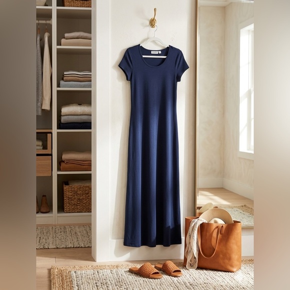Navy Blue Short Sleeve Maxi Dress - Minimalist Soft Knit T-Shirt Dress | Size L - Picture 4 of 4